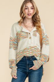 Multicolor Drop Shoulder Long Sleeve Henley Knit Sweater (size: (US 16-18)XL)
