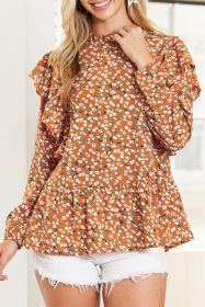 Orange Ditsy Floral Boho Ruffle Long Sleeve Blouse (size: (US 4-6)S)
