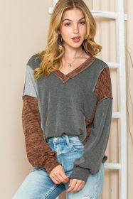 Brown Exposed Seam Patchwork V Neck Long Sleeve Top (size: (US 16-18)XL)