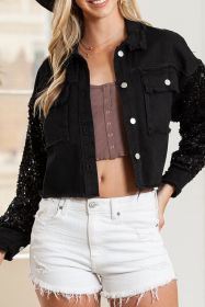 Black Sequin Sleeve Pocketed Raw Hem Denim Jacket (size: (US 16-18)XL)