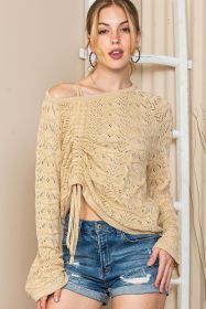 Khaki Cinched Drawstring Pullover Long Sleeve Crochet Sweater (size: (US 16-18)XL)