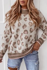 Brown Two-tone Ribbed Trim Contrast Leopard Sweater (size: (US 16-18)XL)