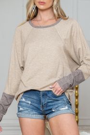 Khaki Contrast Cuffs Batwing Sleeve Loose Top (size: (US 16-18)XL)