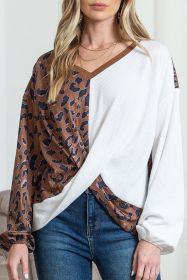 Brown Leopard Waffle Knit Patchwork Tulip Hem Long Sleeve Top (size: (US 16-18)XL)