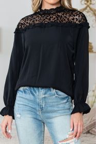 Black Leopard Sheer Splicing Lace Neck Ruffle Blouse (size: (US 4-6)S)