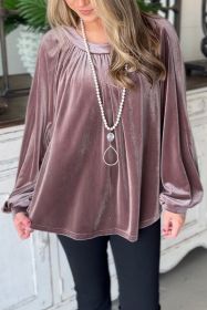 Rose Velvet Pleated Keyhole Back Bubble Sleeve Top (size: (US 16-18)XL)