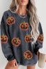 Gray Sequined Jack O Lantern Graphic Corded Baggy Sweatshirt