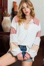 White Patchwork Lantern Sleeve Collared Top (size: (US 16-18)XL)