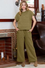 Green Quilted Short Sleeve Top and Wide Leg Pants Set (size: (US 16-18)XL)