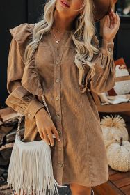 Camel Ruffle Trim Puff Sleeve Ribbed Shirt Dress (size: (US 16-18)XL)