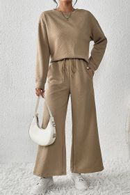 Dark Khaki Textured Loose Slouchy Long Sleeve Top and Pants Set (size: (US 4-6)S)