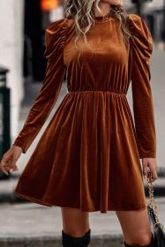Chestnut Velvet Frilled Neck Gigot Sleeve Swing Dress (size: (US 16-18)XL)