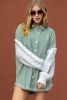 Green Cable Knit Patchwork Sleeve Raw Hem Shacket