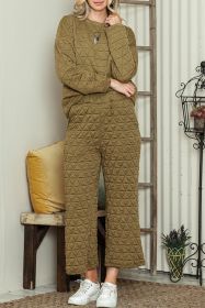 Green Solid Color Quilted Long Sleeve Top and Wide Leg Pants Set (size: (US 4-6)S)