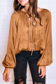 Camel V Neck Pleated Lantern Sleeve Blouse (size: (US 4-6)S)