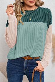 Dark Green Color Block Ribbed Loose Long Sleeve Top (size: (US 4-6)S)