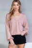 Pink V Neck Drop Shoulder Lantern Sleeve Ribbed Top