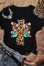 Black Floral Decor Leopard Cross Round Neck Graphic Tee (size: (US 4-6)S)