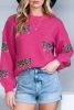 Rose Red Leopard Pattern Drop Shoulder Knit Sweater