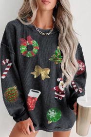 Black Sequined Christmas Graphic Corded Sweatshirt (size: (US 8-10)M)