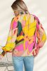Multicolor Abstract Print Shirred Cuffs Boho Blouse