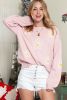 Pink 60s Floral Patch Contrast Ribbed Trim Knitted Sweater