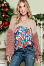 Floral Splicing Ribbed Drop Shoulder Long Sleeve Top (size: (US 16-18)XL)