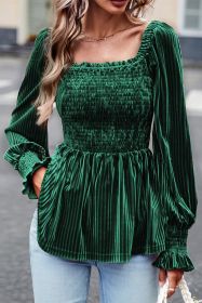 Blackish Green Smocked Ribbed Velvet Babydoll Top (size: (US 16-18)XL)