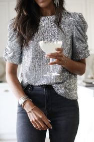 Silvery Ruched Puff Sleeve Sequins Short Sleeve Blouse (size: (US 4-6)S)