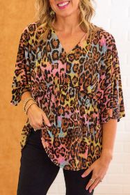 White Leopard V Neck Flounce Sleeve Babydoll Blouse (size: (US 4-6)S)