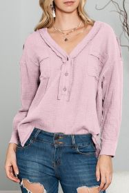 Pink Gauze Raw Hem Long Sleeve Henley Top (size: (US 16-18)XL)