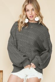Gray Mock Neck Lantern Sleeve Cable Knit Sweater (size: (US 16-18)XL)