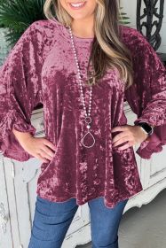 Red Dahlia Ruffle Bell Sleeve Loose Velvet Blouse (size: (US 16-18)XL)