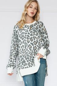 White Leopard Contrast Trim Long Sleeve Top (size: (US 16-18)XL)