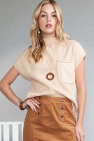 Oatmeal Patch Pocket Ribbed Knit Short Sleeve Sweater (size: (US 4-6)S)