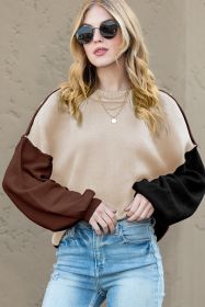 Brown Colorblock Bishop Sleeve Exposed Seam Ribbed Trim Sweater (size: (US 4-6)S)