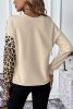 Pale Khaki Casual Waffle Knit Leopard Contrast Long Sleeve Top