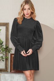 Black Smocked Lantern Sleeve Frilled Velvet Dress (size: (US 16-18)XL)