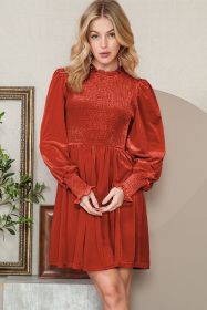 Red Smocked Lantern Sleeve Frilled Velvet Dress (size: (US 16-18)XL)