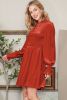 Red Smocked Lantern Sleeve Frilled Velvet Dress