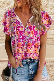 Red Floral Print Flutter Sleeves Short Sleeve Blouse (size: (US 8-10)M)