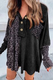 Black Waffle Knit and Leopard Print Color Block Oversized Henley Shirt (size: (US 4-6)S)