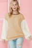 Smoke Gray Crinkled Sleeve Patchwork Ribbed Pullover Top