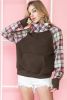 Khaki Quilted Plaid Patchwork Half Zip Kangaroo Pocket Sweatshirt