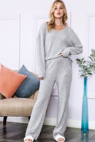 Light Grey Slouchy Ribbed Knit V Neck Top & Pants Loungewear Set (size: (US 16-18)XL)