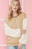 Smoke Gray Crinkled Sleeve Patchwork Ribbed Pullover Top