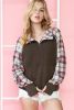 Khaki Quilted Plaid Patchwork Half Zip Kangaroo Pocket Sweatshirt