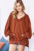 Chestnut Patchwork V-Neck Oversized Slit Hem Sweatshirt