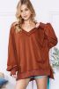 Chestnut Patchwork V-Neck Oversized Slit Hem Sweatshirt