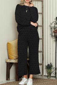 Black Solid Color Quilted Long Sleeve Top and Wide Leg Pants Set (size: (US 4-6)S)